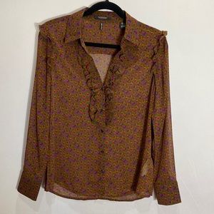 Scotch & Soda Olive Green Floral Ruffle Button-Up Blouse